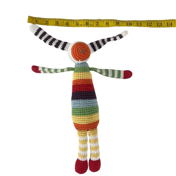 Pebble Handmade Crochet Bunny Rattle Toy Rainbow Stripes  12” Plush Doll - Picture 8 of 8